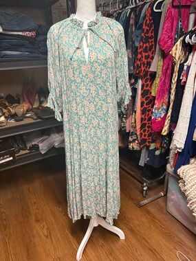 Mint Green Floral Maxi Dress with Tie Neck